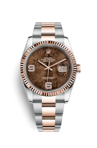 Rolex - 116231-0106 Datejust 36 Rolesor Everose Fluted / Oyster / Chocolate Floral replica watch - Click Image to Close