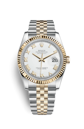 Rolex - 116233-0149 Datejust 36 Rolesor Yellow Fluted / Jubilee / White Roman replica watch - Click Image to Close