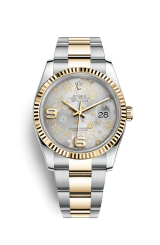 Rolex - 116233-0182 Datejust 36 Rolesor Yellow Fluted / Oyster / Silver Floral replica watch - Click Image to Close