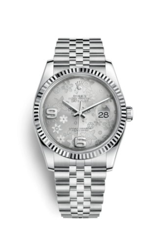 Rolex - 116234-0118 Datejust 36 Stainless Steel Fluted / Jubilee / Silver Floral replica watch - Click Image to Close