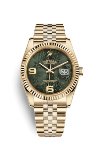 Rolex - 116238-0085 Datejust 36 Yellow Gold Fluted / Jubilee / Green Floral replica watch - Click Image to Close