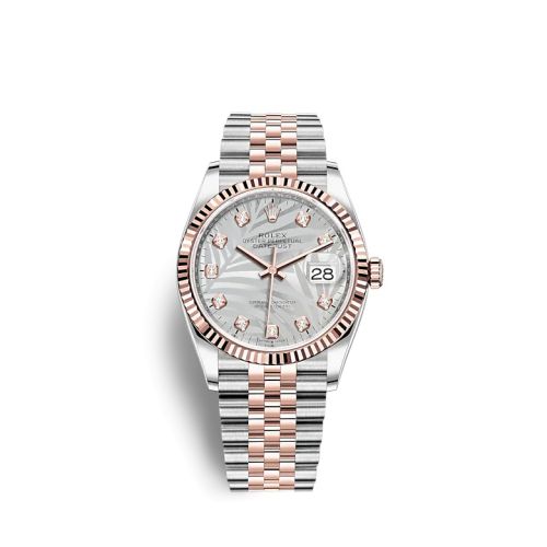 Rolex - 126231-0037 Datejust 36 Stainless Steel / Everose / Fluted / Silver - Palm - Diamond / Jubilee replica watch