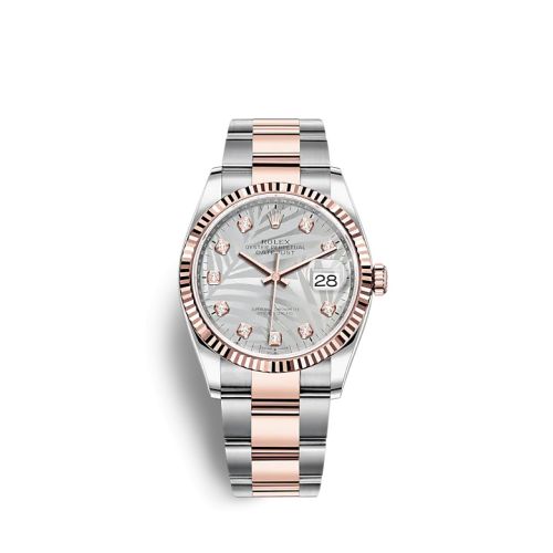 Rolex - 126231-0038 Datejust 36 Stainless Steel / Everose / Fluted / Silver - Palm - Diamond / Oyster replica watch