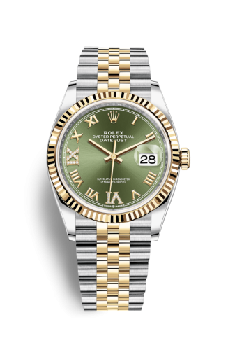Rolex - 126233-0025 Datejust 36 Stainless Steel / Yellow Gold / Fluted / Olive Green Roman Diamond / Jubilee replica watch