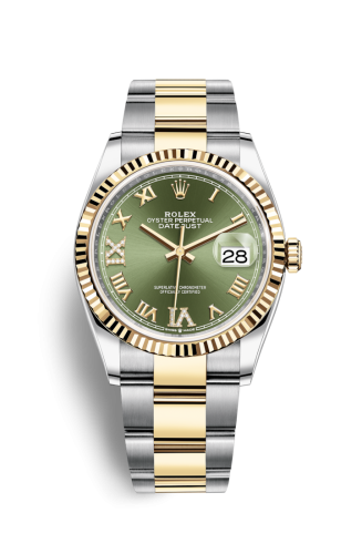 Rolex - 126233-0026 Datejust 36 Stainless Steel / Yellow Gold / Fluted / Olive Green Roman Diamond / Oyster replica watch - Click Image to Close