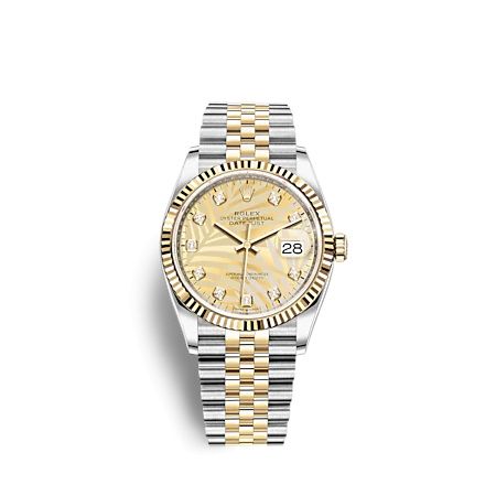 Rolex - 126233-0043 Datejust 36 Stainless Steel - Yellow Gold - Fluted / Champagne - Palm - Diamond / Jubilee replica watch - Click Image to Close