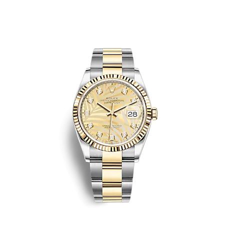 Rolex - 126233-0044 Datejust 36 Stainless Steel - Yellow Gold - Fluted / Champagne - Palm - Diamond / Oyster replica watch - Click Image to Close