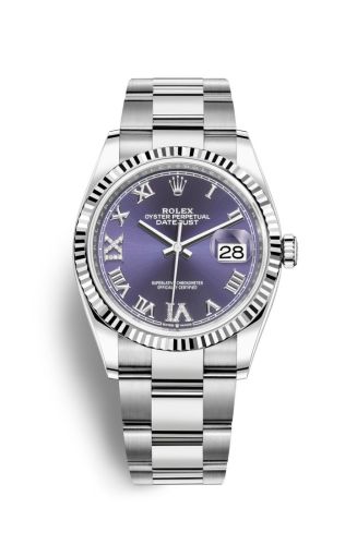 Rolex - 126234-0022 Datejust 36 Stainless Steel / Fluted / Aubergine Roman-Diamonds / Oyster replica watch - Click Image to Close