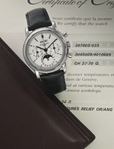 replica Patek Philippe - 3970EG-023 Perpetual Calendar Chronograph 3970 White Gold / Silver watch