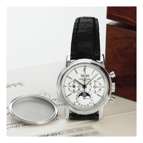 replica Patek Philippe - 3970EP-021 Perpetual Calendar Chronograph 3970 Platinum / Silver Stick watch - Click Image to Close