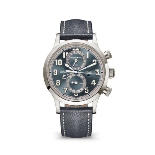replica Patek Philippe - 5924G-001 Calatrava Pilot Travel Time Chronograph White Gold / Grey watch