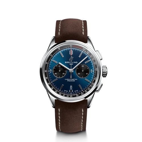 replica Breitling watch - AB0118221C1X1 Premier B01 Chronograph 42 Stainless Steel / Blue / Brown Nubuck / Folding - Click Image to Close