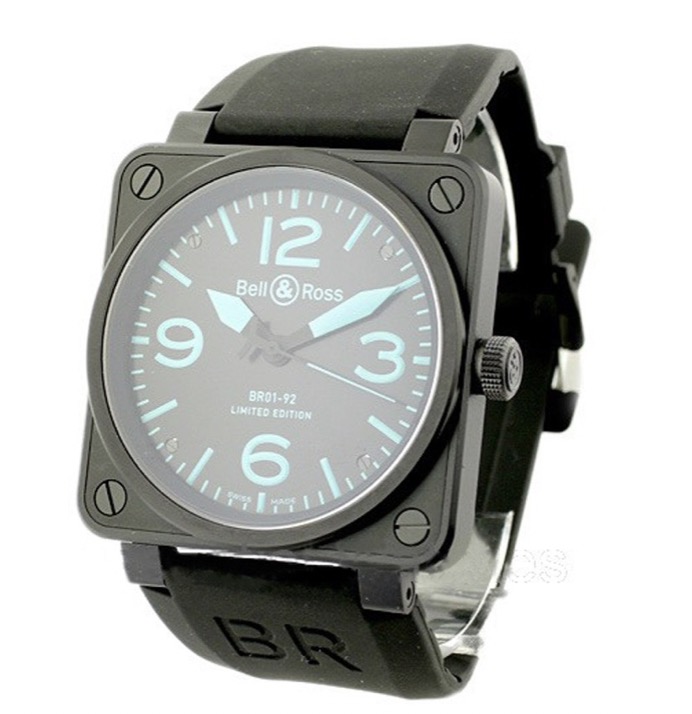 replica Bell & Ross BRO1-92 Automatic in Carbon Steel on Black Rubber Strap with Black Dial BR 01 92 SBLU