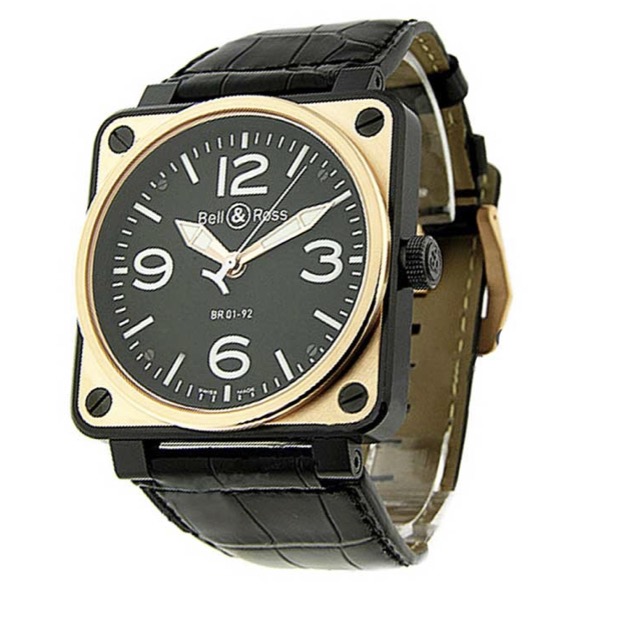 replica Bell & Ross BR 01-92 in Black Carbon Steel with Rose Gold on Black Leather Strap with Black Dial BR 01 92BI C