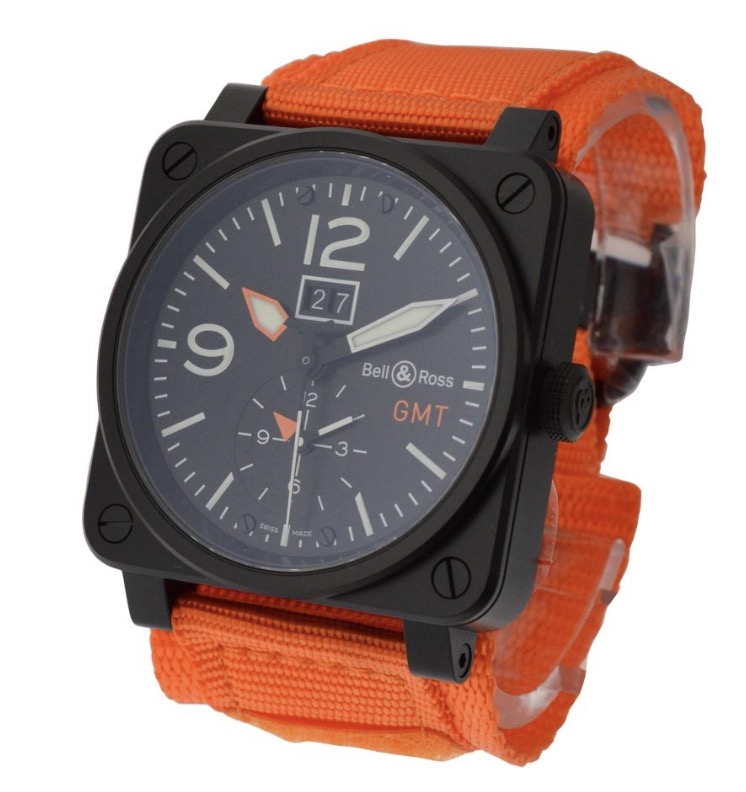 replica Bell & Ross BR0394 GMT and Big Date in Carbon Coated PVD Steel on Orange Canvas Strap with Black Dial BR0394 O CA - Click Image to Close