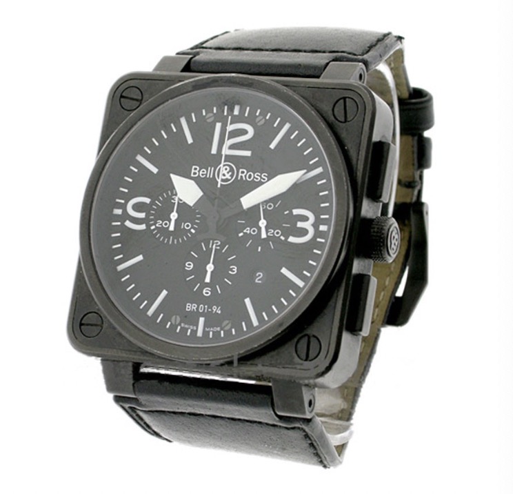 replica Bell & Ross BR 01-94 Carbon Chronograph in PVD Steel on Black Leather Strap with Black Dial BR 01 94 BLK CAR LS