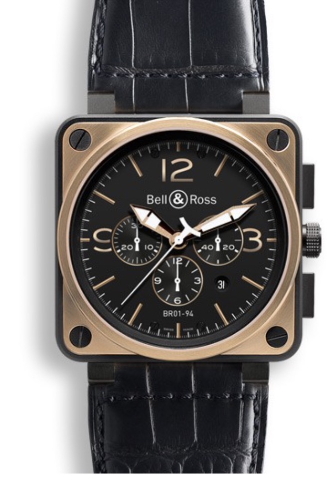 replica Bell & Ross BR 01-94 Chronograph in PVD Steel with Rose Gold on Black Leather Strap with Black Dial BR0194BICOOF