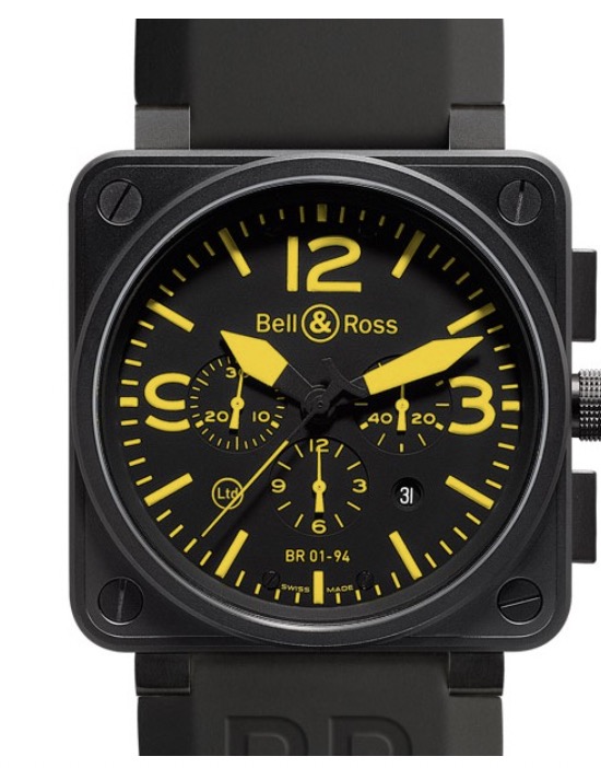 replica Bell & Ross BR 01-94 Chronograph in PVD Steel on Black Rubber Strap with Black and Yellow Index Dial BR01 94 Carbon Yellow