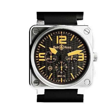 replica Bell & Ross BR 01-94 Orange Chronograph in Steel on Black Rubber Strap with Black and Orange accents Dial BR0196 BL ST ORG