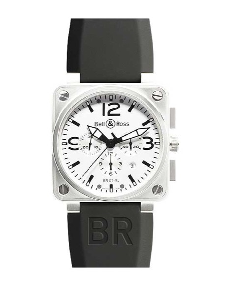 replica Bell & Ross BR 01-94 Chronograph in Steel on Black Rubber Strap with White Dial BR 01 94 WHITE STEEL RS