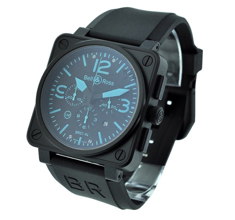 replica Bell & Ross BR 01-94 Chronograph in Black PVD Steel on Black Rubber Strap with Black and Blue Index Dial BR 01 94 Bleu
