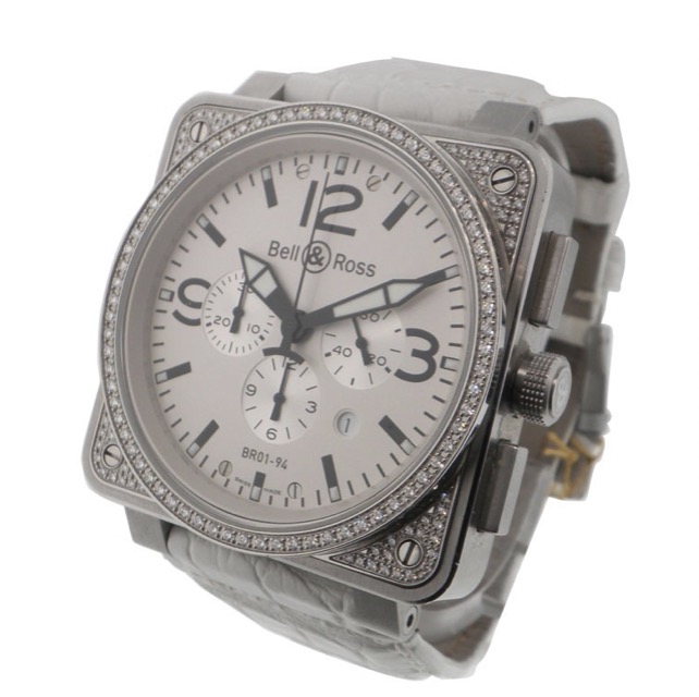 replica Bell & Ross BR 01-94 Chronograph - Top Diamonds Steel on White Leather Strap with White Dial BR01 94 S 02250