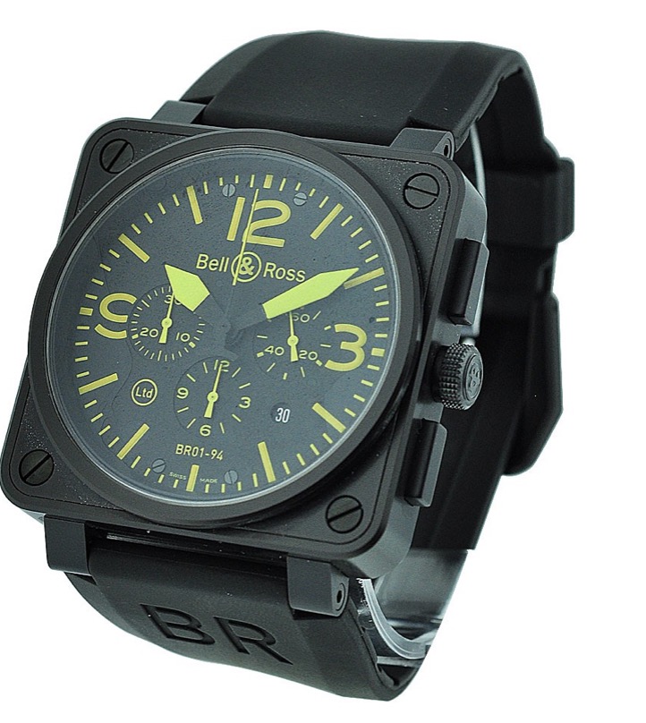 replica Bell & Ross BR 01-94 Chronograph in Black PVD Steel on Black Leather Strap with Black Dial with Yellow Markers BR 01 94 BLK SBLA YEL - Click Image to Close