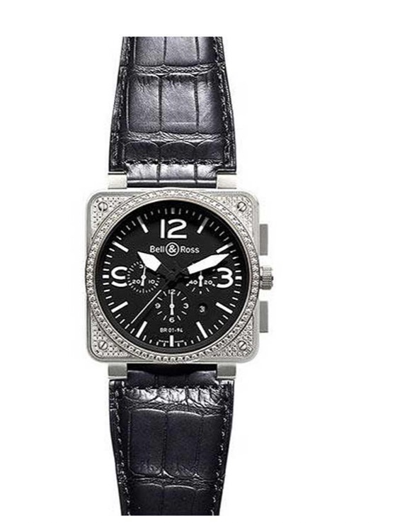 replica Bell & Ross BR 01-94 Chronograph Top Diamond in Steel with Diamond Bezel on Black Crocodile Leather Strap with Black Dial BR 01 94 BLK DIA