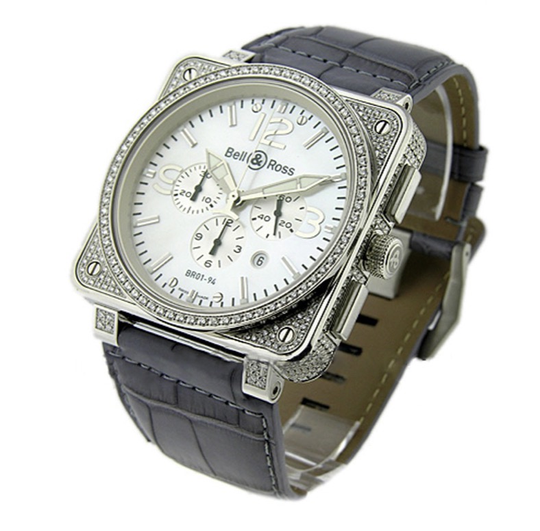 replica Bell & Ross BR 01-94 Chronograph - Full Diamonds Steel on Strap with MOP Dial BR 01 94 MOP / BR 03