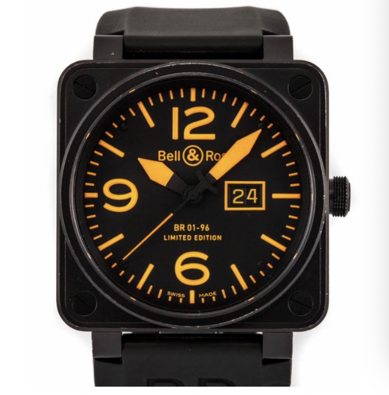 replica Bell & Ross BR01-96 Grand Date in Steel with Black PVD on Black Rubber Strap with Black Orange Dial BR01 96ORANGE