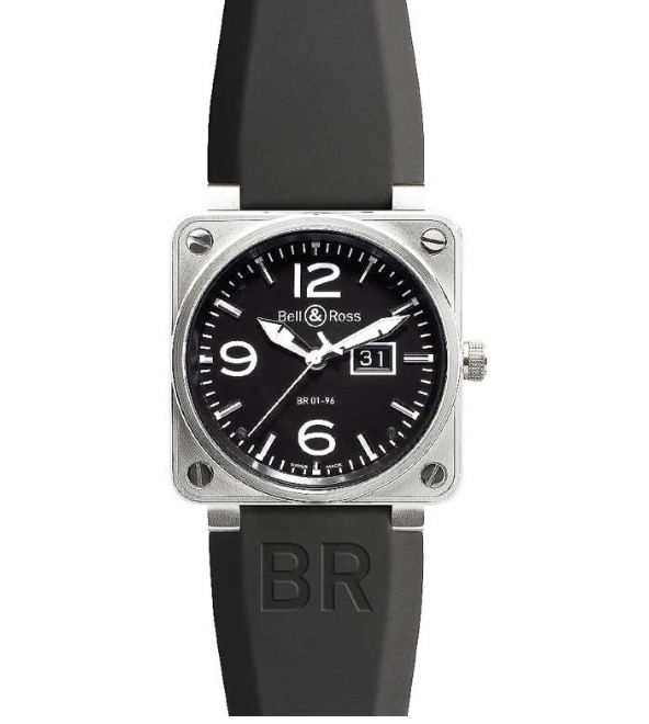 replica Bell & Ross BR01-96 Big Date in Steel on Black Rubber Strap with Black Dial BR01 96 Big Date Rubber Strap