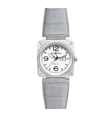 replica Bell & Ross BR01-96 Big Date in Steel on Diamond Bezel on Grey Leather Strap with White Dial BR 01 96 WH DIA