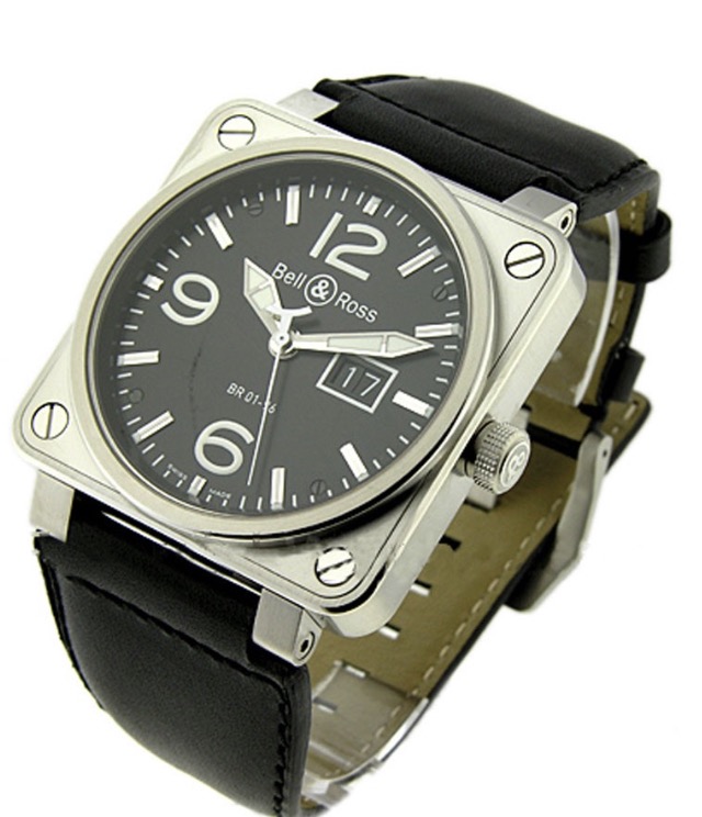 replica Bell & Ross BR01-96 Big Date in Steel on Black Leather Strap with Black Dial BR 01 96 BLK LS