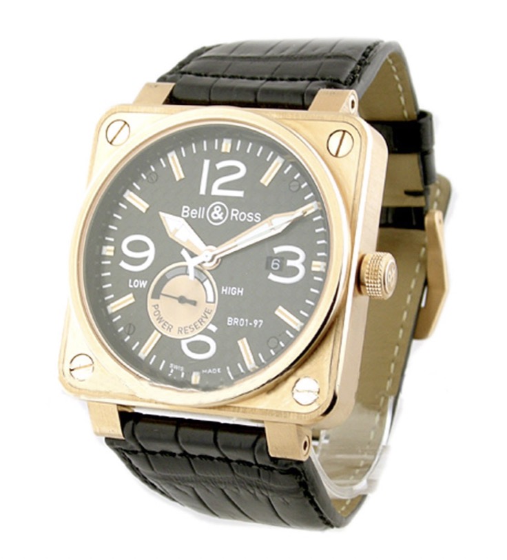 replica Bell & Ross BR 01-97 Power Reserve in Rose Gold on Black Leather Strap with Black Dial BR01 97 R