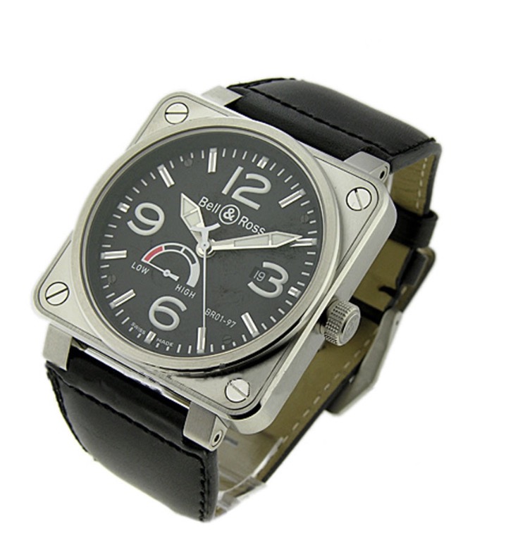 replica Bell & Ross BR01-97 Power Reserve in Steel on Black leather Strap with Black Dial BR 01 97 BLK LS