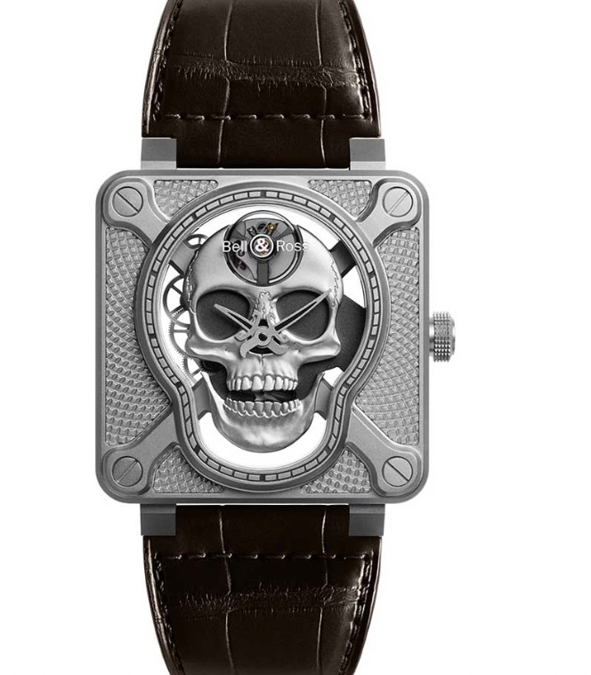 replica Bell & Ross BR01-92 Burning Skull in Steel - Limited to 500 pcs on Brown Alligator Leather Strap with Skull Dial BR01 SKULL SK ST