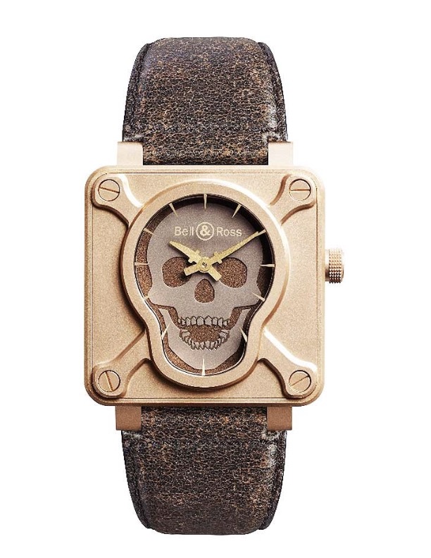 replica Bell & Ross Aviation Bronze Skull in Bronze - Limited to 500pcs on Aged Brown Calfskin Leather Strap with Skull Dial BR 01 Skull Bronze