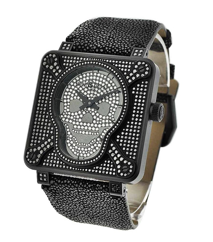 replica Bell & Ross BR 01 Airborne 672 in Black PVD with Pave Diamond on Black Galuchat Leather Strap with Pave Diamond Skull Dial BR01AIRBORNE672