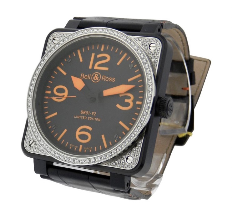 replica Bell & Ross BRO1-92 in Carbon Finish steel Diamond on Black Leather Strap Black with orange Numerals Dial BR01 92 SO 171/250