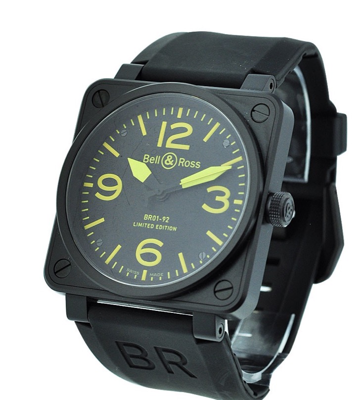 replica Bell & Ross BRO1-92 Automatic in Black Carbon Coated Steel on Black Rubber Strap with Black & Yellow Dial BR 01 92 CAR YLW