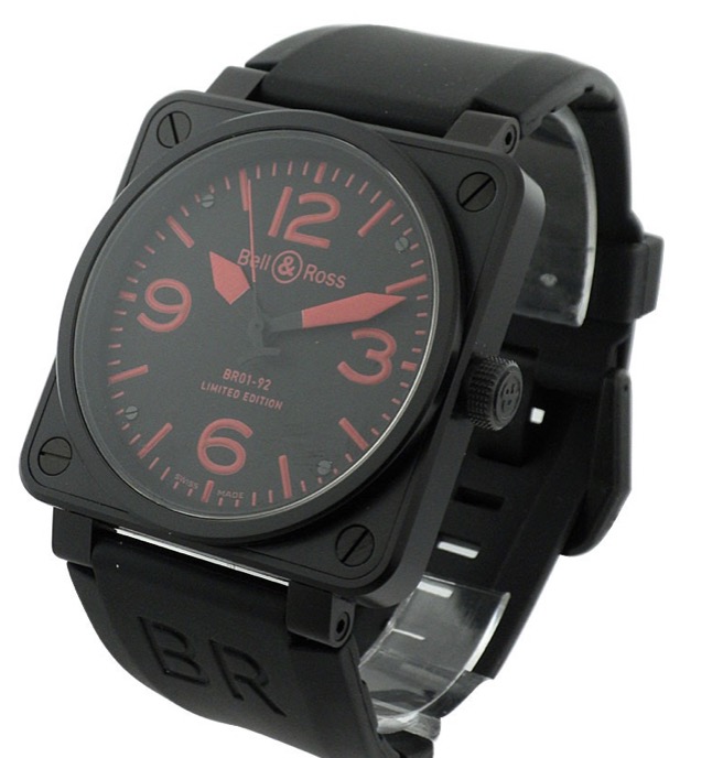 replica Bell & Ross BRO1-92 Automatic in Black Carbon Coated PVD Steel on Black Rubber Strap with Black & Red Dial BR 01 92 Red