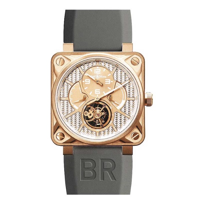 replica Bell & Ross BR 01 Tourbillon in Rose Gold on Gray Rubber Strap with Silver Dial BR01 TOURB PG/ALU