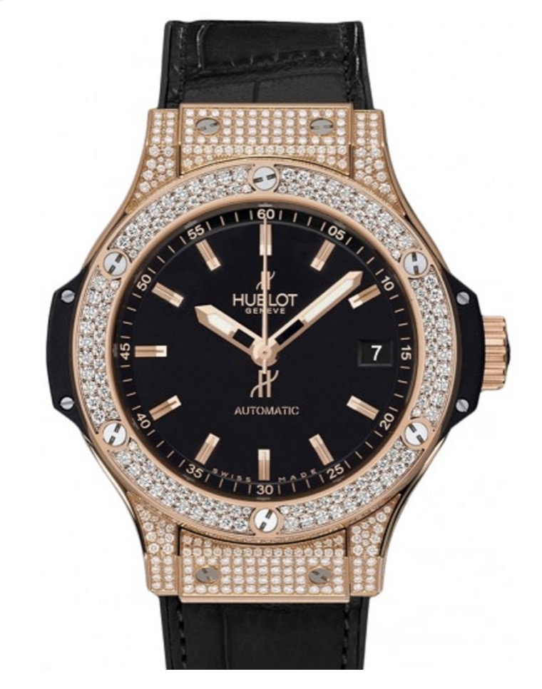 replica Hublot Big Bang 38mm in Rose Gold with Diamond Bezel on Black Leather Strap with Black Dial 365.px.1180.lr.1104