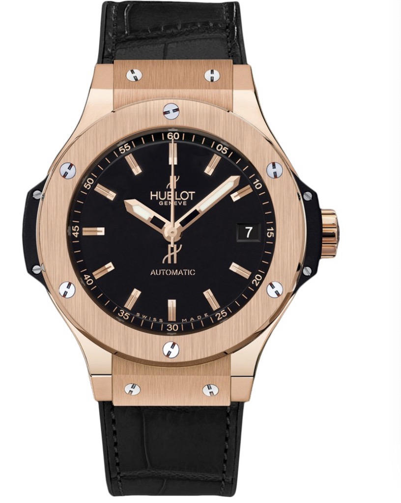 replica Hublot Big Bang 38mm Automatic in Rose Gold on Black Crocodile Leather Strap with Black Dial 365.PX.1180.LR