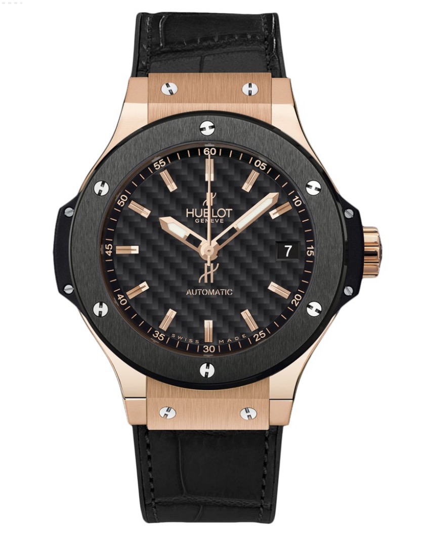 replica Hublot Big Bang Gold Ceramic in Rose Gold with Black Ceramic Bezel on Black Crocodile Leather Strap with Black Carbon Dial 365.PM.1780.LR - Click Image to Close