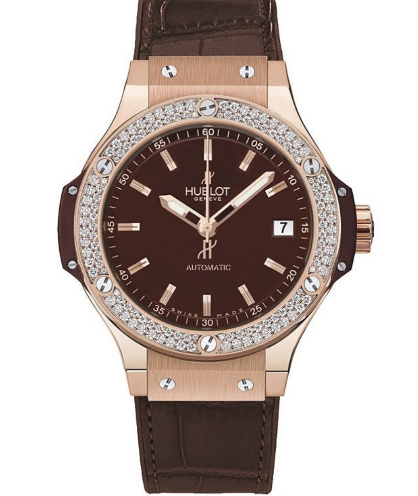replica Hublot Big Bang Cappuccino 38mm in Rose Gold with Diamond Bezel on Brown Leather Strap with Brown Dial 365.PC.3180.LR.1104