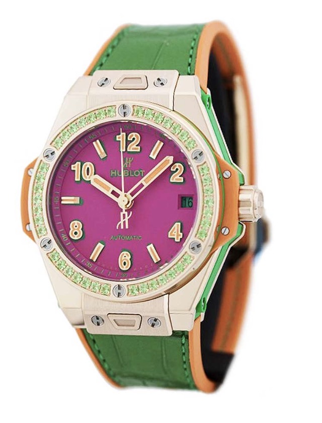 replica Hublot Big Bang One Click Pop Art in Rose Gold with Gemstone Diamond Bezel On Green Alligator Strap with Pink Arabic Dial 465.OG.7398.LR.1222.POP16 - Click Image to Close