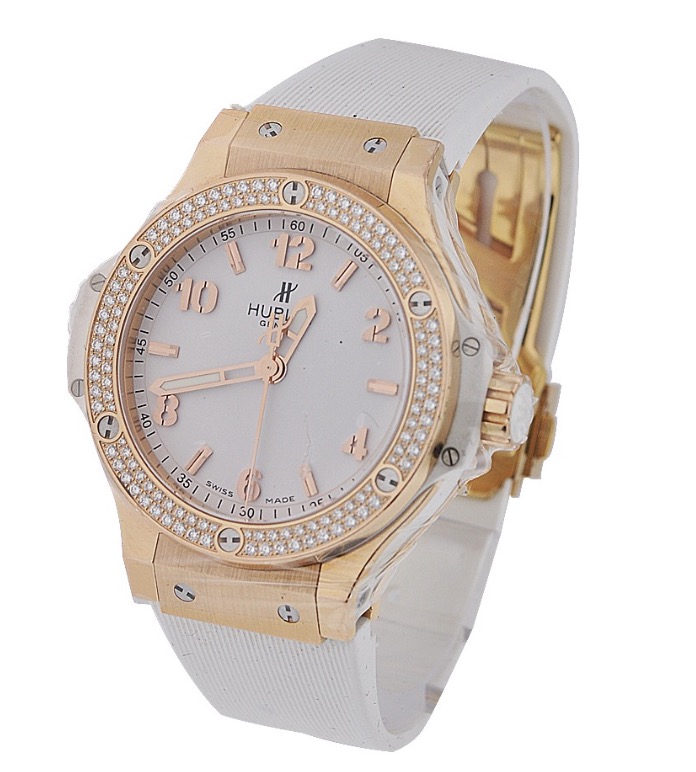 replica Hublot 38mm Big Bang in Rose Gold with Diamond Bezel on White Rubber Strap with White Dial 361PE2010RW1104