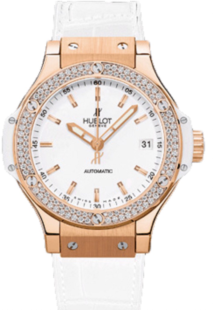 replica Hublot Big Bang 38mm in Rose Gold with Diamond Bezel on White Leather Strap with White Dial 365.PE.2180.LR.1104