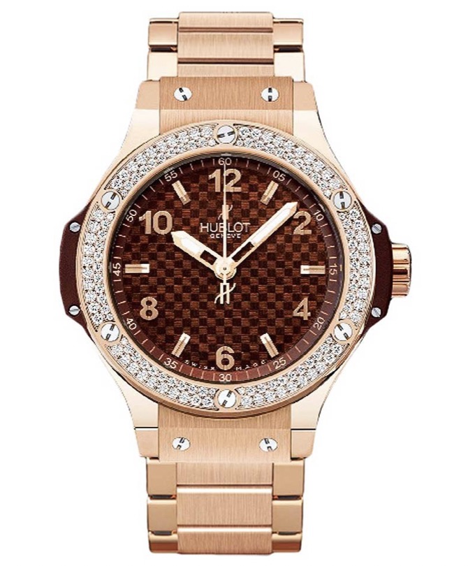 replica Hublot Big Bang 38mm Cappuccino in Rose Gold with Diamond Bezel on Rose Gold Bracelet with Chocolate Carbon Dial 361.PC.3380.PC.1104